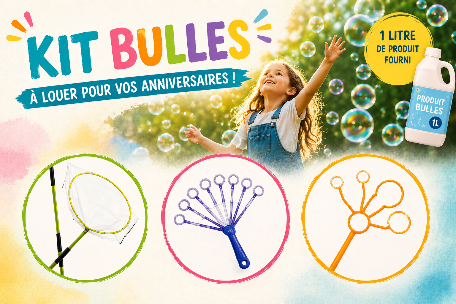 Kit bulles à louer pour vos anniversaires : épuisette à bulles, éventail à anneaux, baguette à anneaux et 1 litre de produit à bulles fourni